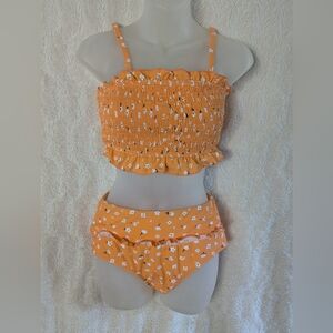 Two Piece Orange White Floral Bandeau Smocked Bikini Sz S High Waist Swimsuit